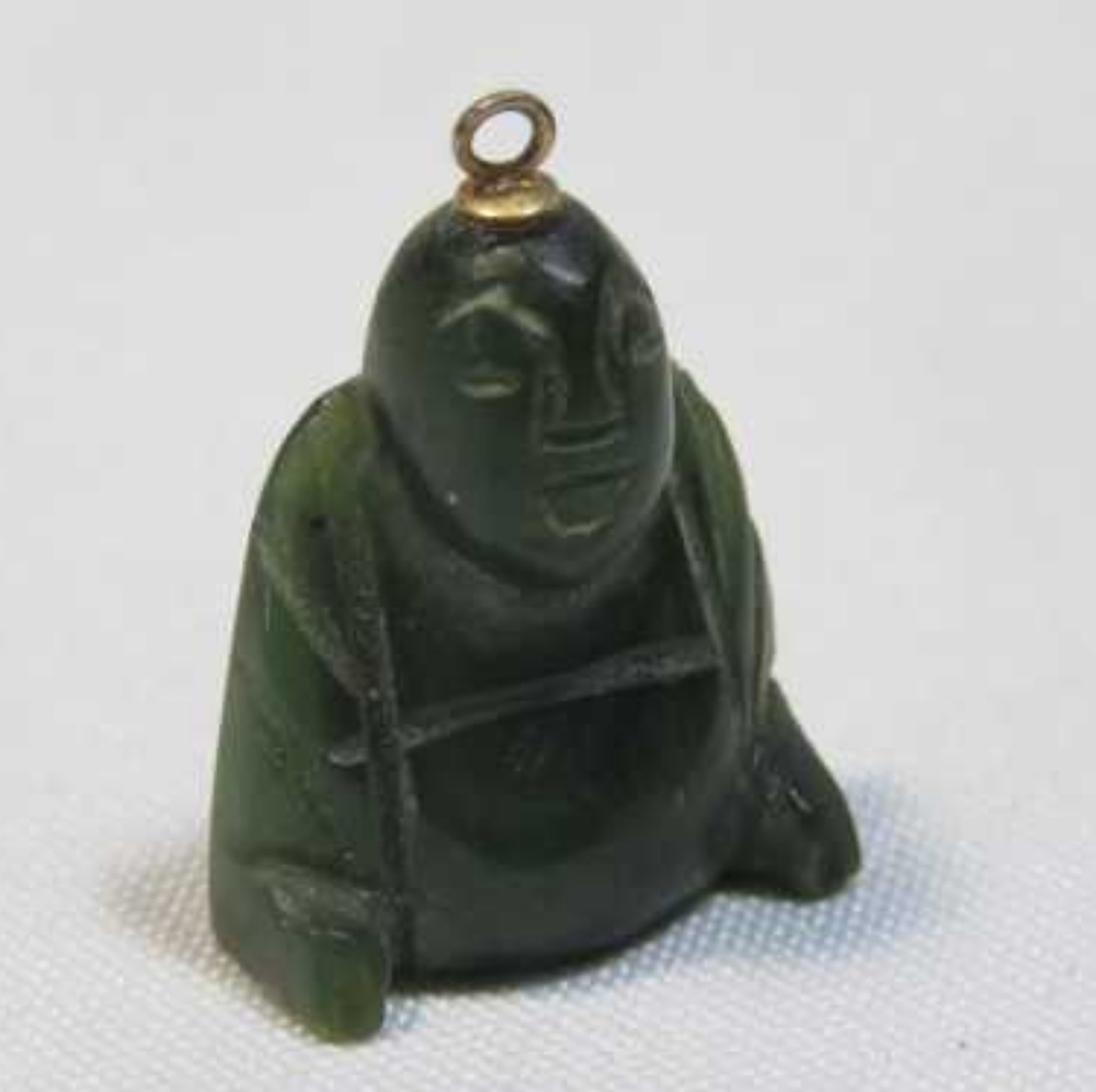 vintage 1920s Chinese hand carved green jade stone Budda pendant.